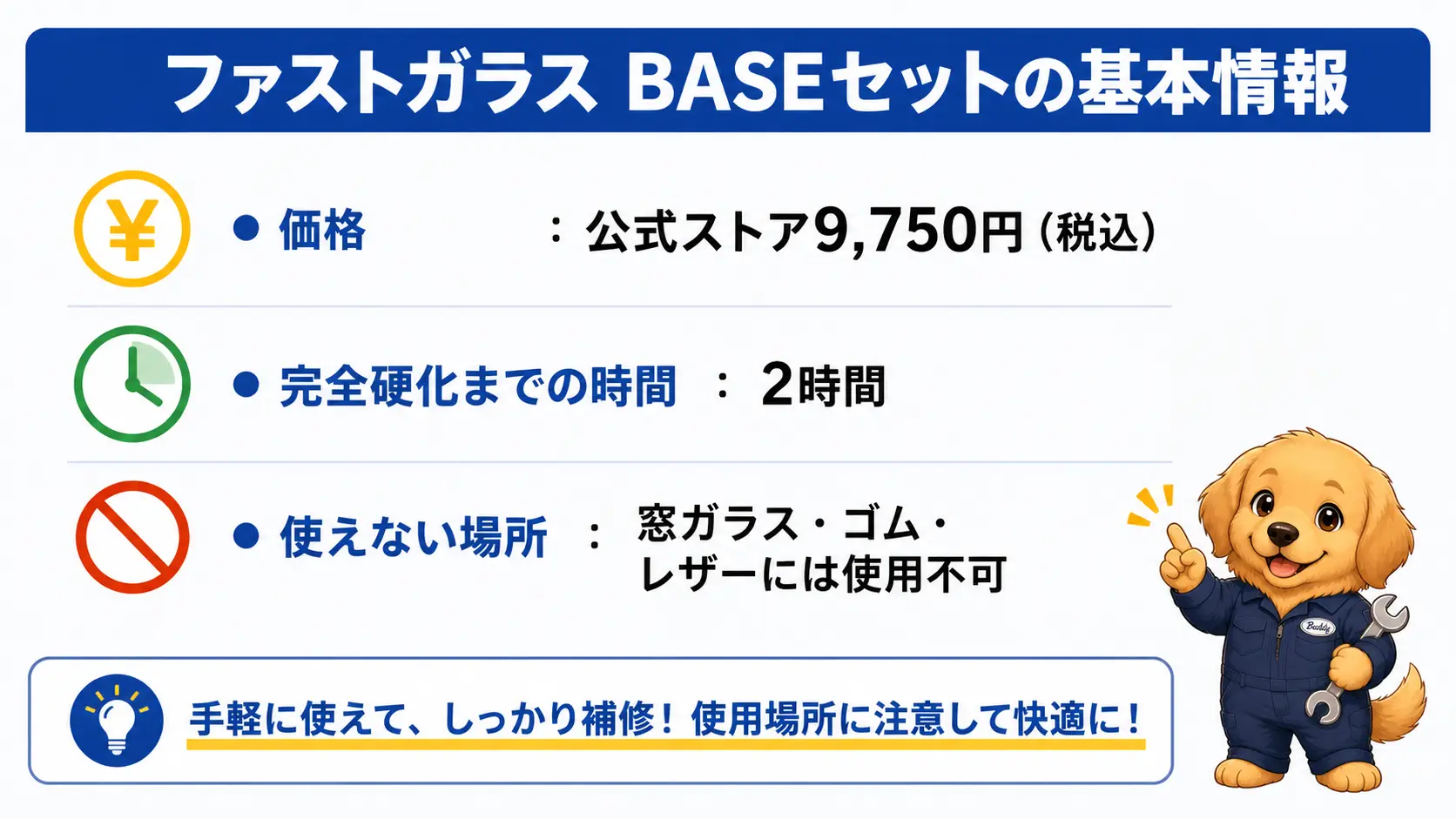 ファストガラス BASEセットの価格・完全硬化までの時間・使用できない箇所をまとめた基本情報