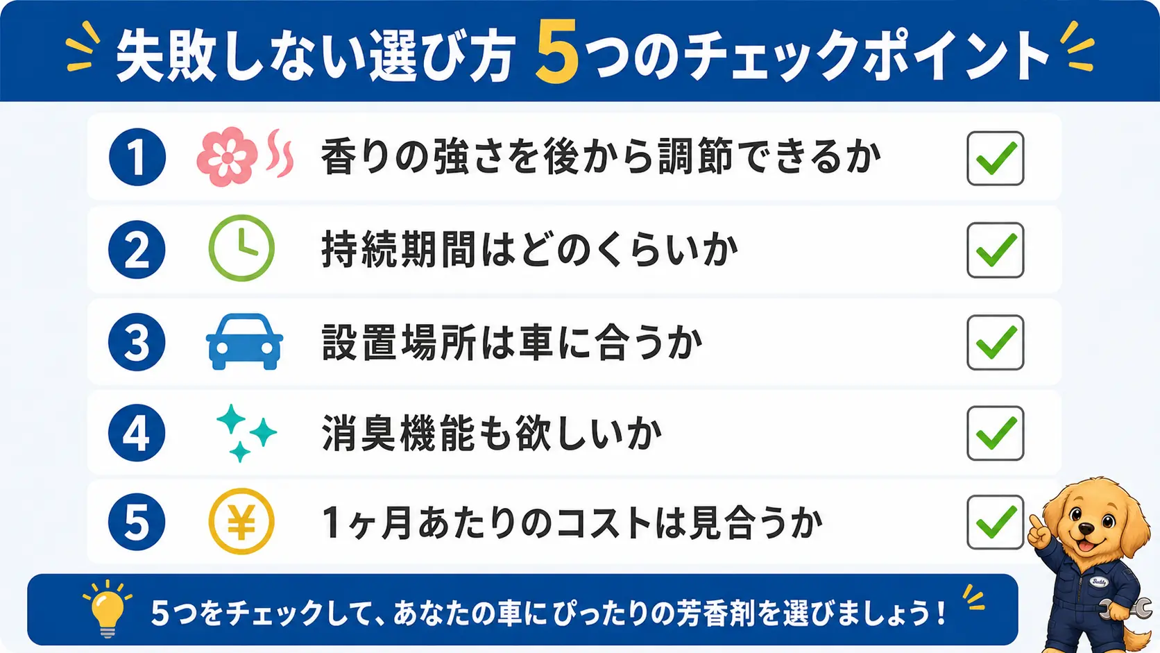 失敗しない車の芳香剤選びの5つのチェックポイントをチェックリスト形式でまとめた図