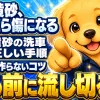黄砂が積もった車を触る前に水で流し切る洗車手順を示すイラスト