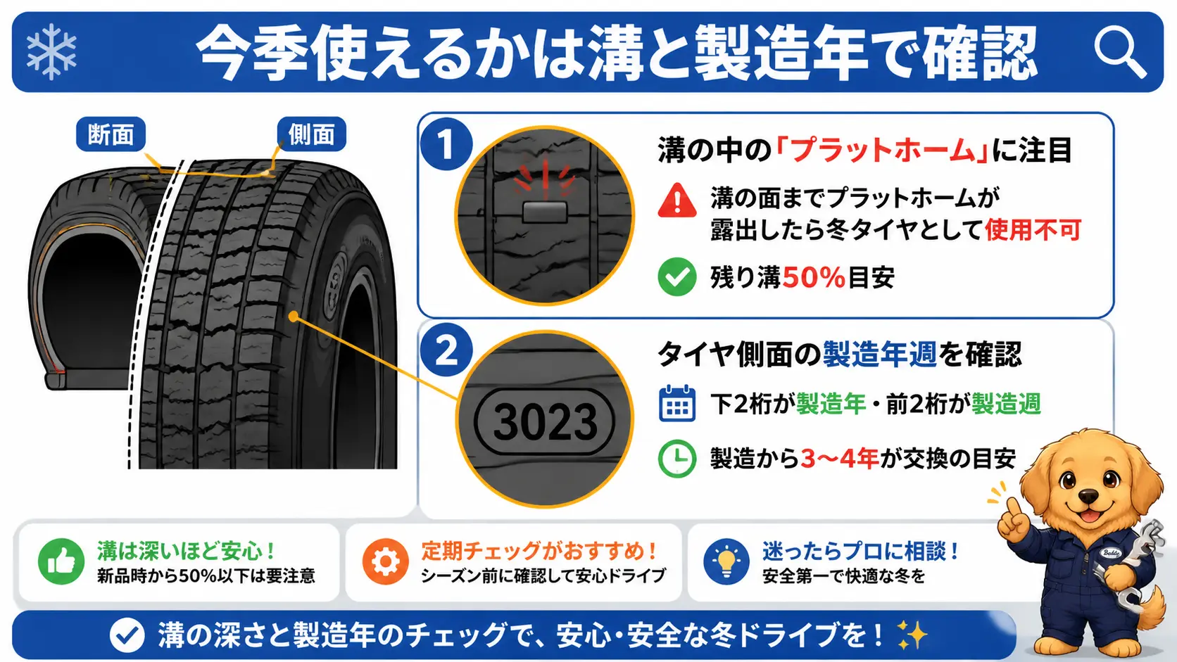 スタッドレスタイヤの溝にあるプラットホーム摩耗指標と側面の製造年週表示の見方を示した断面図