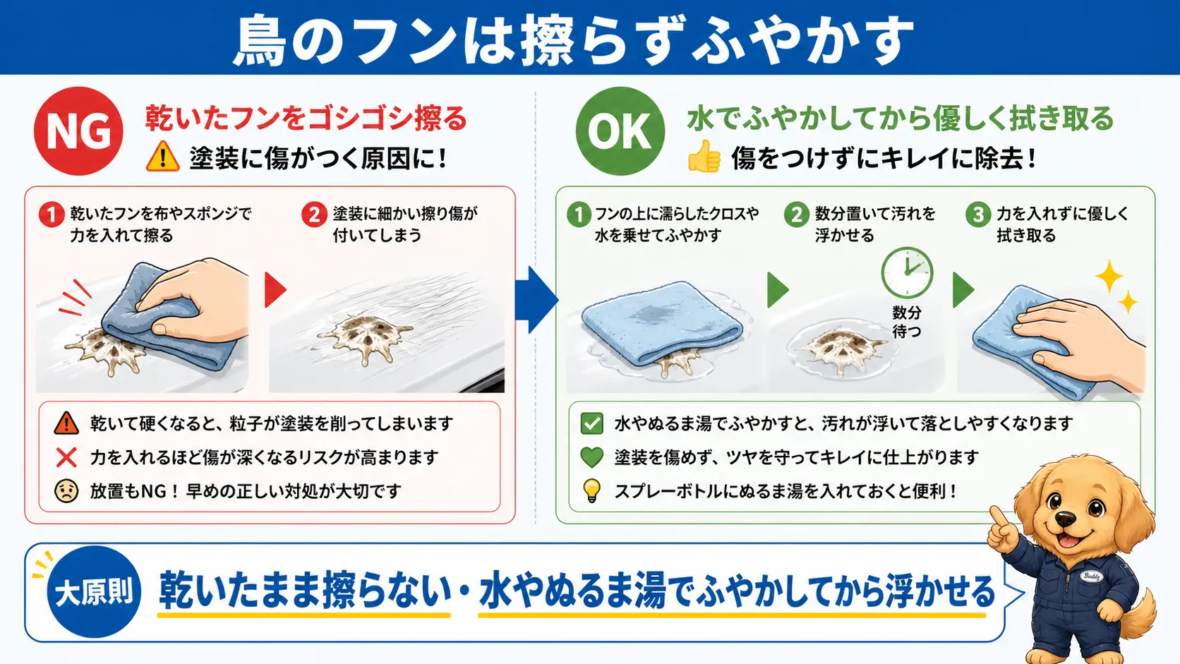 車についた鳥のフンを乾いたまま擦って落とす方法はNGで擦り傷になり、水やぬるま湯でふやかしてから浮かせて拭き取る方法がOKで塗装を傷めないことを左右で対比した図解
