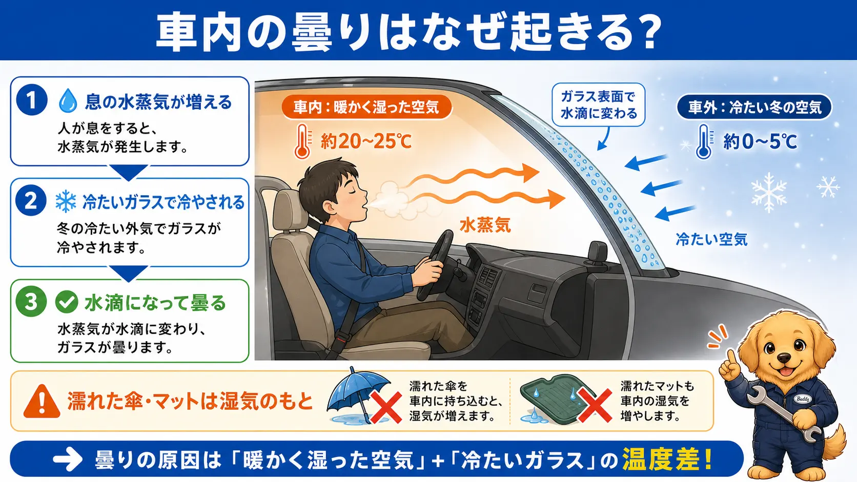 車内の人の呼気の水蒸気と車内外の温度差でガラスが曇る仕組みを示した断面図