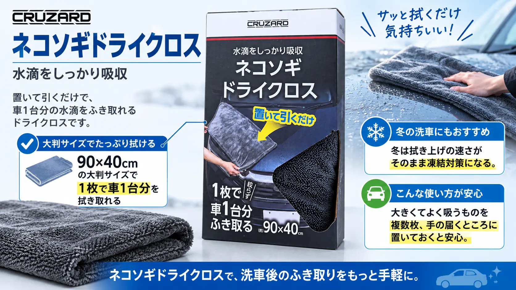 CRUZARDの大判吸水クロス「ネコソギドライクロス」の実物に、サイズと使いどころを注釈した商品説明画像