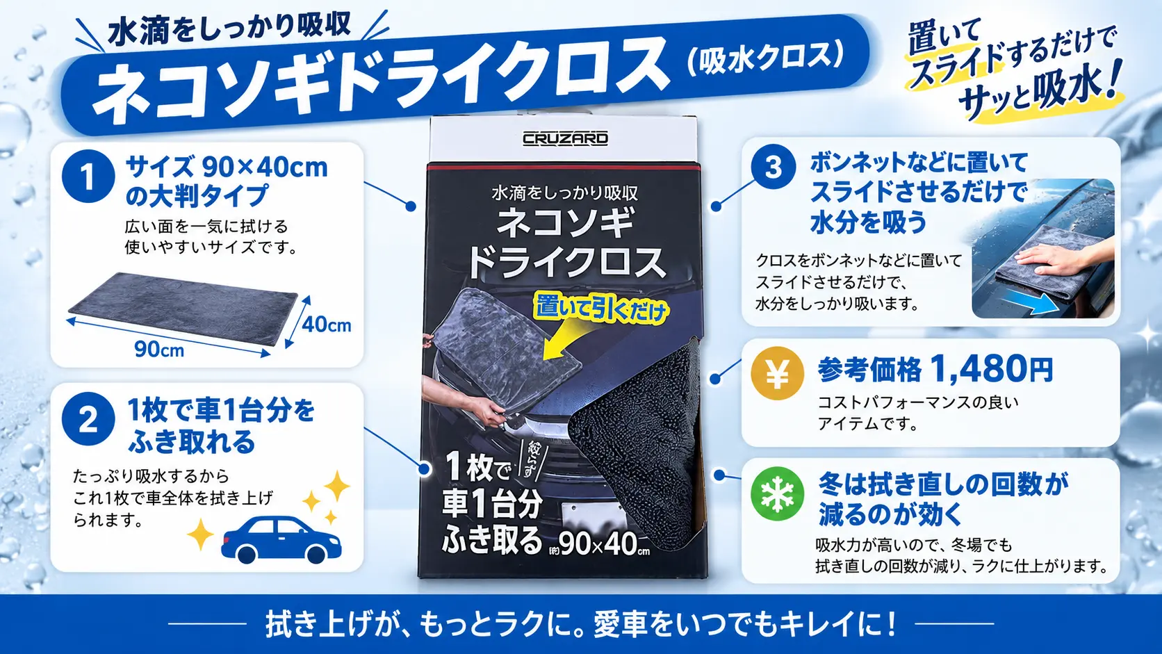 吸水クロス「ネコソギドライクロス」の実物とサイズ・使い方の特徴