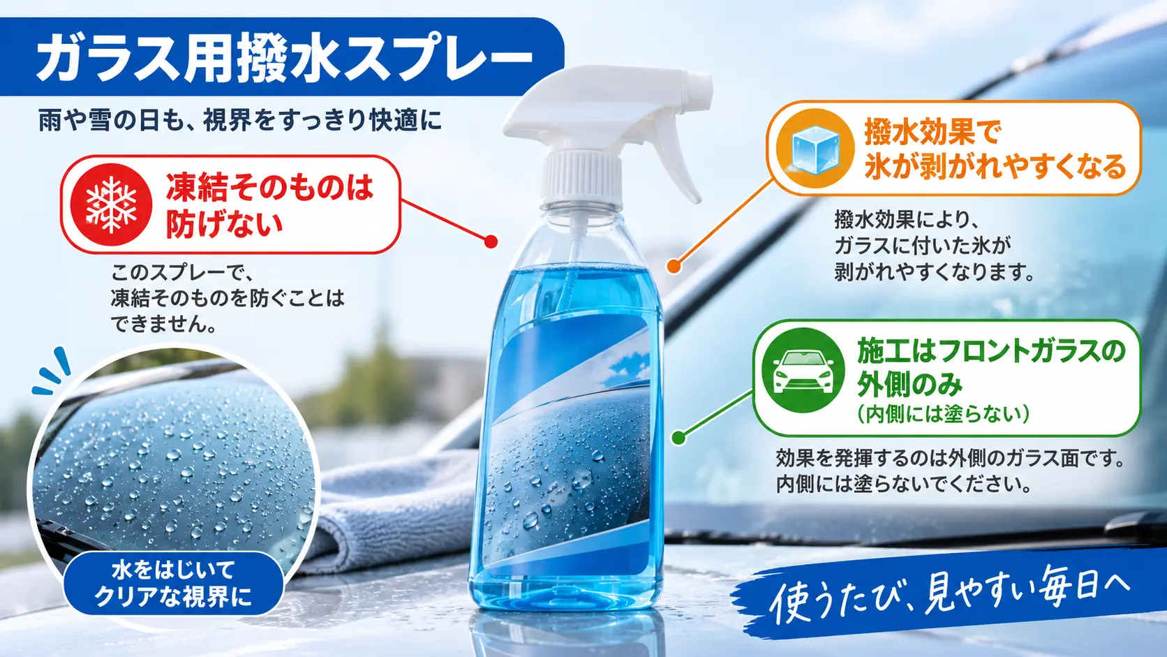 ガラス撥水スプレーのボトルと、凍結そのものは防げないが氷が剥がれやすくなることや外側専用であることを示す注釈