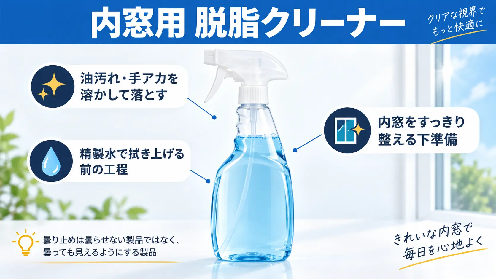 ガラス内側クリーナーのボトルと、脱脂用のクリーナーと曇り止めスプレーは役割が違う商品であることを示す注釈