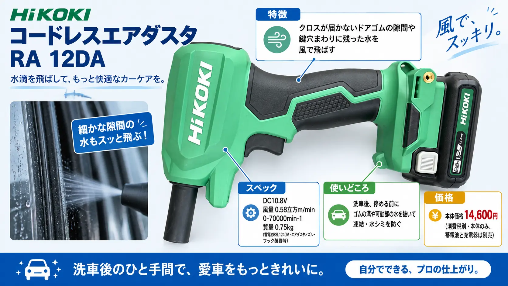 HiKOKIのコードレスエアダスタ RA 12DAの実機に、隙間の水を風で飛ばす用途とスペックを注釈した商品説明画像