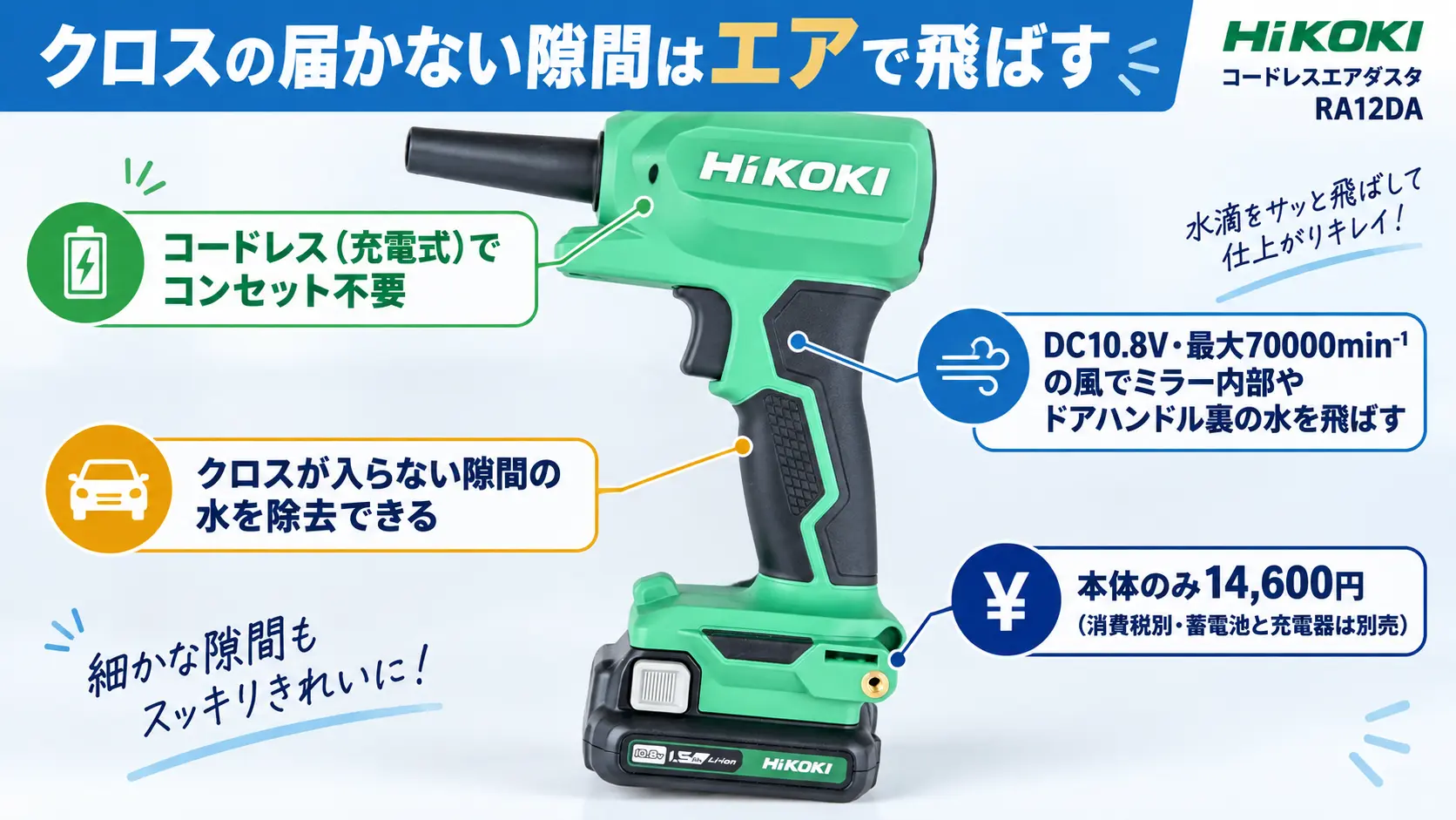 HiKOKIのコードレスエアダスタ本体にバッテリーを装着した実機と、コードレス・風量などの特徴を示した日本語の注釈