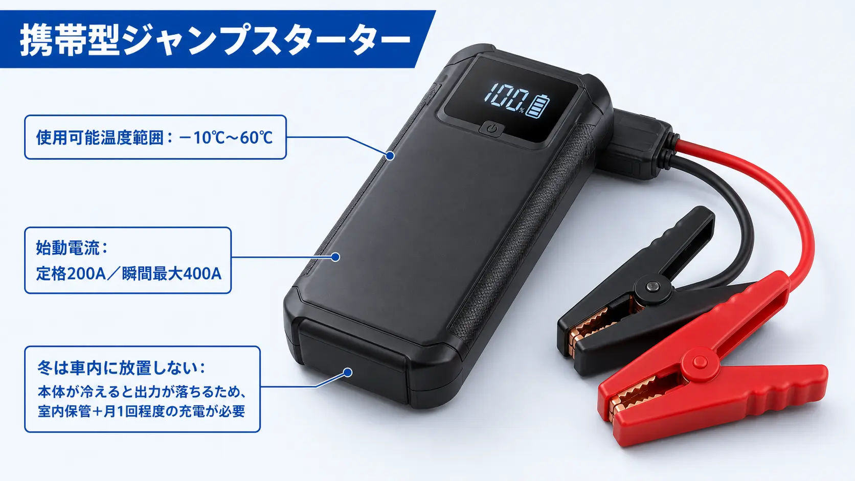 モバイルバッテリー型のジャンプスターターに、使用可能温度範囲や始動電流、冬季の保管方法など寒さに関する注意点を日本語で注釈した内容