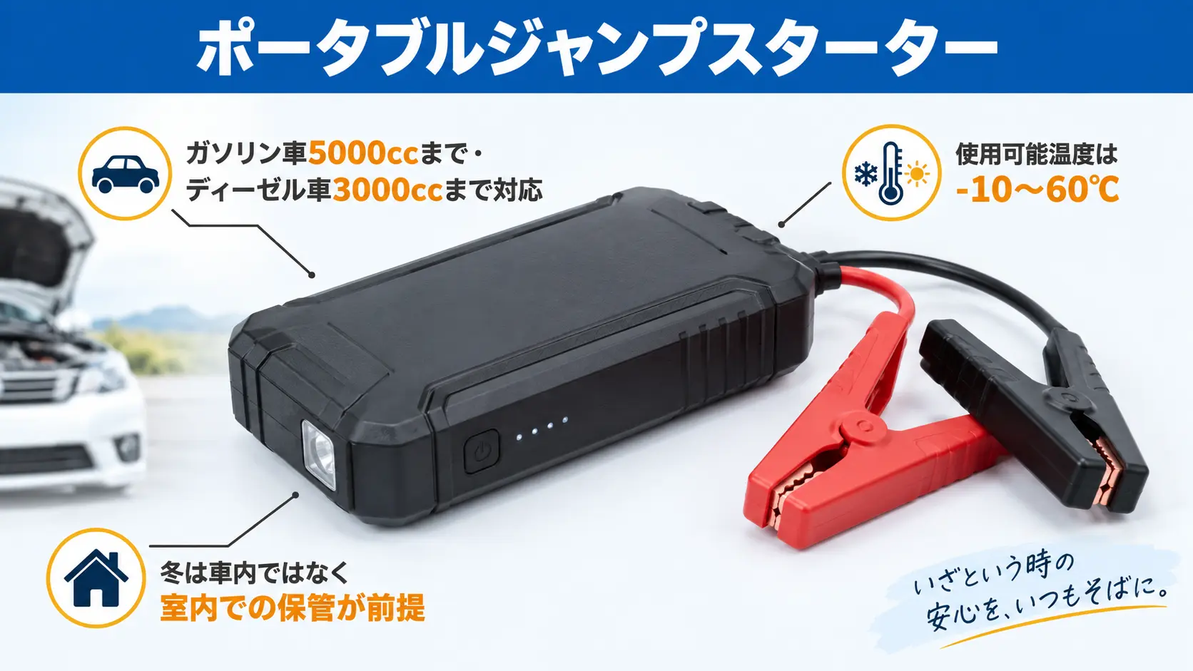 ポータブルジャンプスターター本体と、対応車種や使用可能温度、保管方法についての注釈ラベル