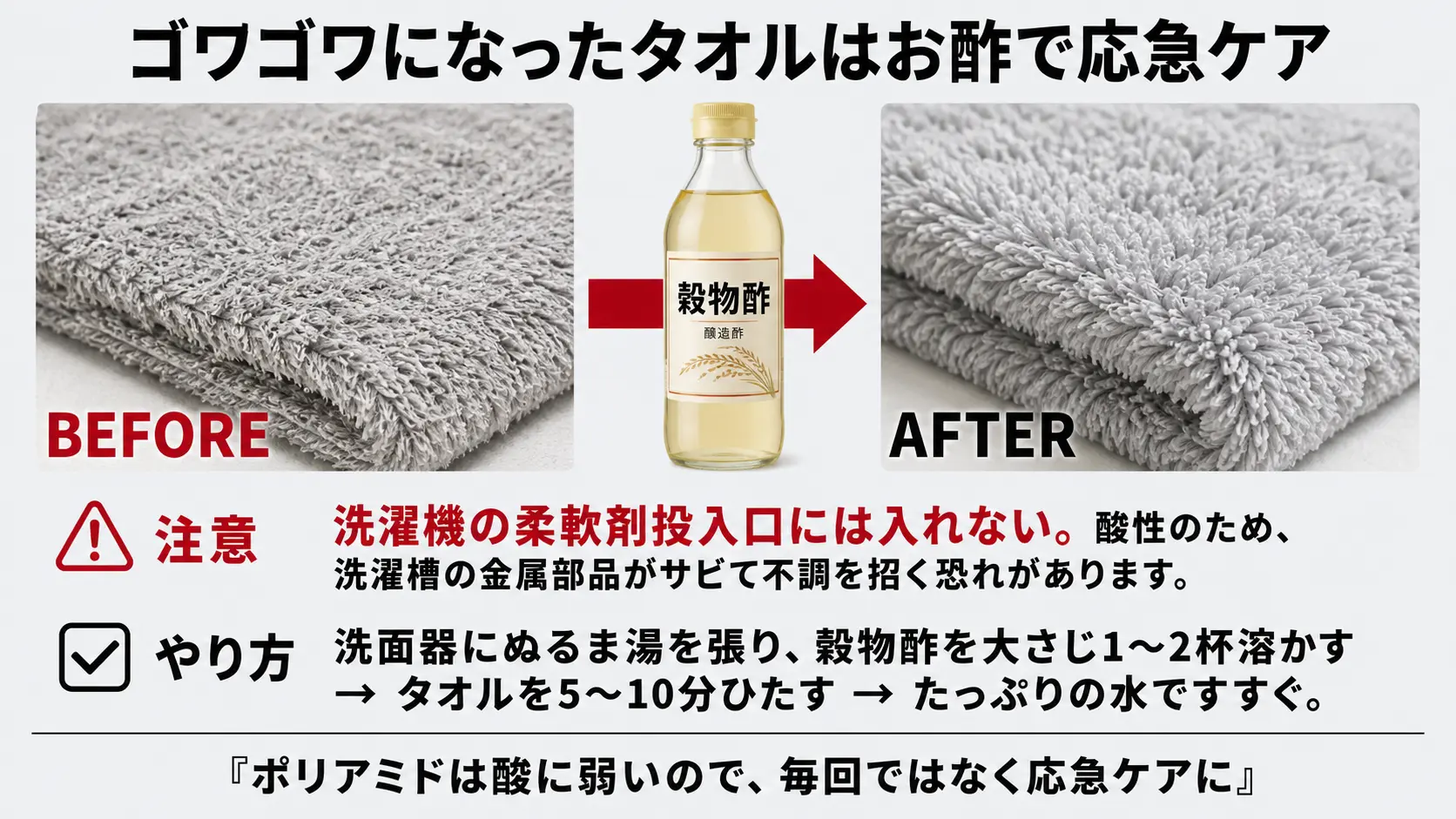 ゴワゴワになったマイクロファイバーを洗面器で薄めたお酢にひたしてケアする手順と注意点