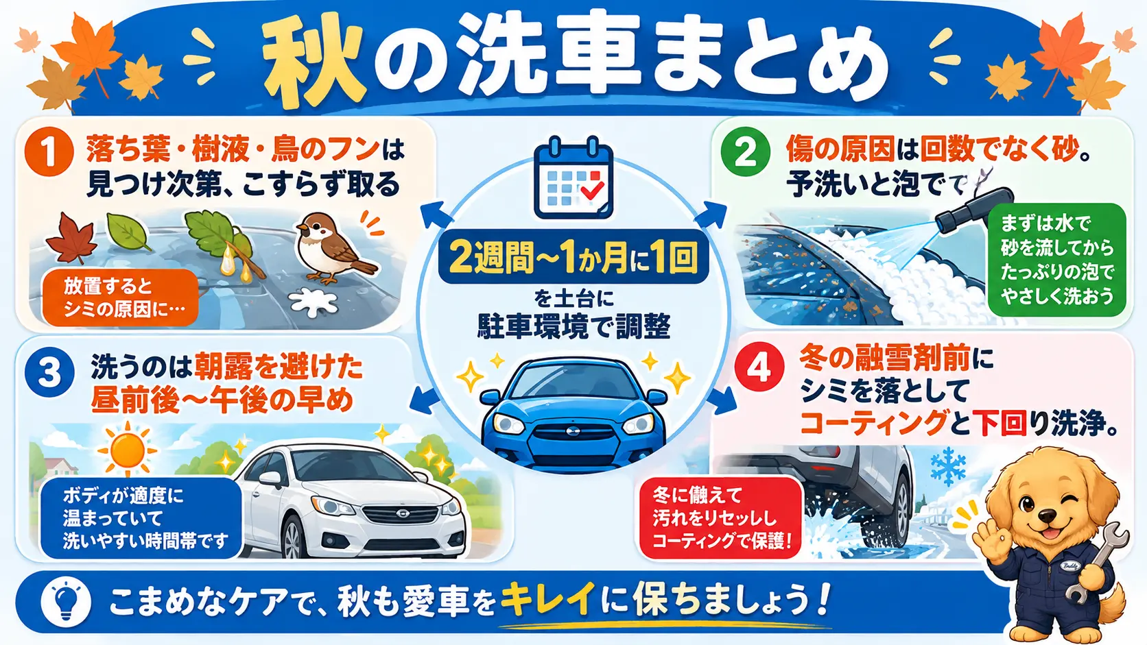 秋の洗車頻度の目安、駐車環境別の調整、合間ケア、洗い方、冬前の下地づくりという5つの要点を俯瞰した図