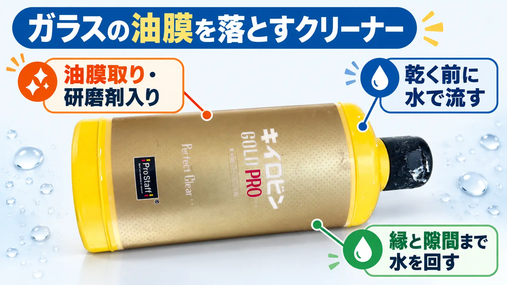 プロスタッフ キイロビン ゴールドプロのボトルに、施工後は水で洗い流すことを注記した商品カット