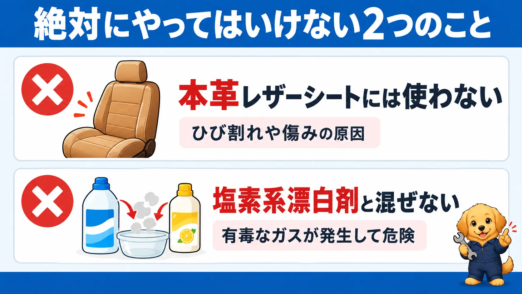 本革シートにはクエン酸や重曹を使わないこと、クエン酸と塩素系漂白剤を混ぜないことの2つの禁止事項