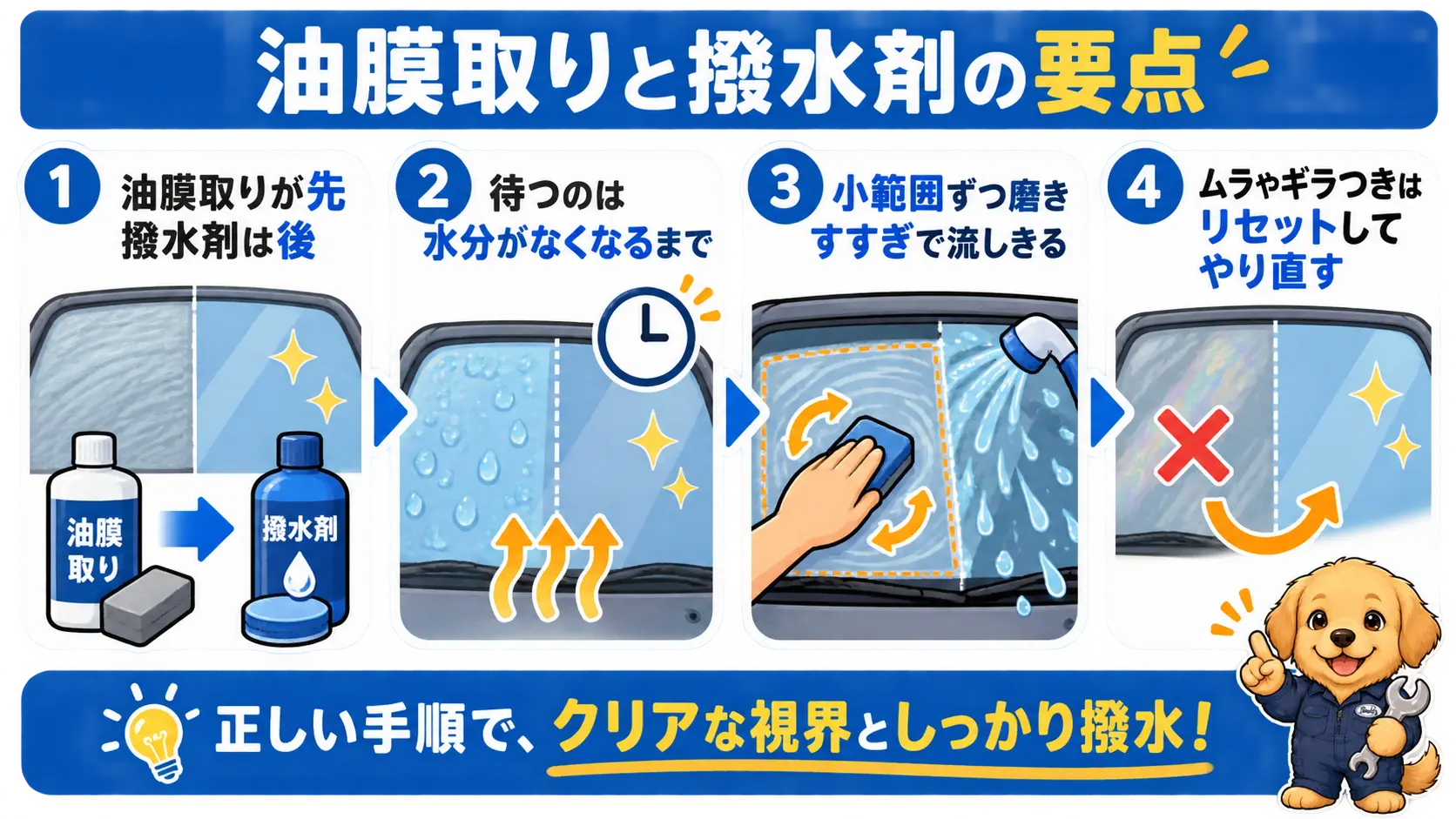 油膜取りを先に済ませ水分を残さず乾かしてから撥水剤を塗るなど、記事の要点を並べた一覧図