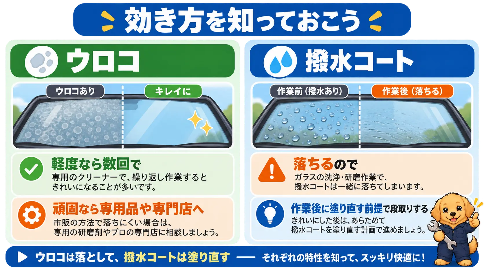 ウロコは軽度なら数回で改善し頑固なら専用品か専門店へ、撥水コートは落ちるので塗り直す前提という整理図