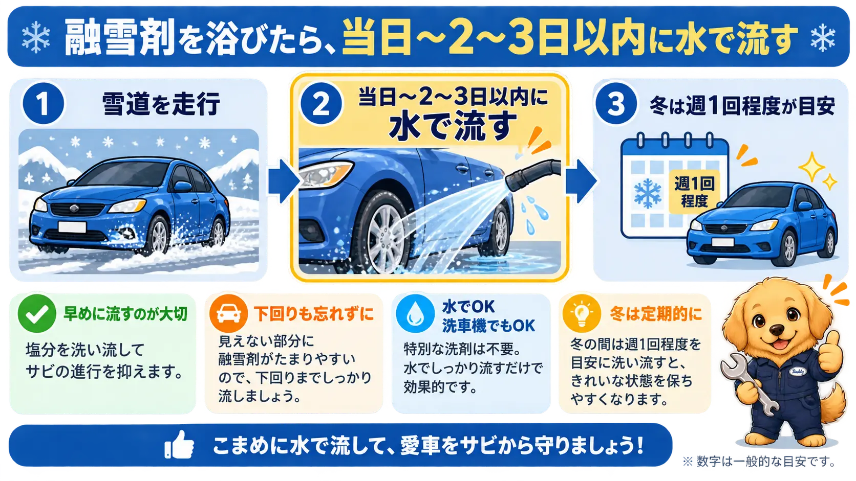 雪道を走った当日から2〜3日以内に水で流し、冬は週1回程度を目安にする流れ