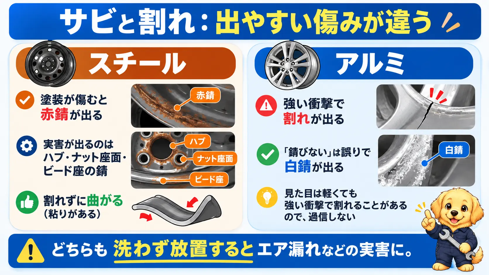 スチールは錆びやすく、アルミは強い衝撃で割れやすいが、どちらも洗わず放置すると実害が出ることを示す比較図